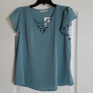 Light blue / Light teal flutter sleeve blouse